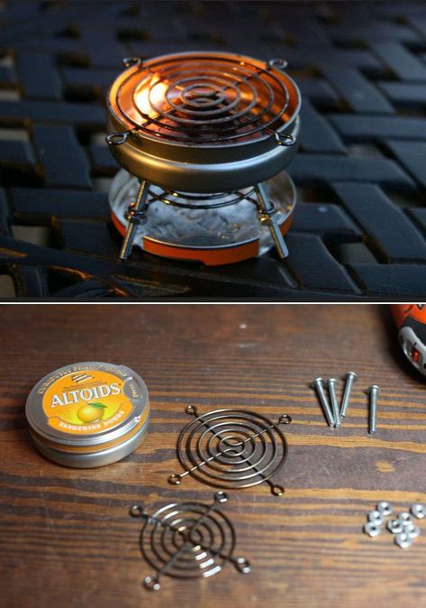 DIY: Tabletop S'mores Mini Grill using tin containers. See more modifications here http://www.instructables.com/id/Altoids-Sours-BBQ-Grill/?comments=all#CNKTVBMH4AGK8Y1 Mini Things Diy How To Make, Tabletop Smores, Altoid Tin Crafts, Altoid Tin Ideas, Tabletop Grill, Tin Ideas, Diy Tabletop, Diy Container, Tin Crafts