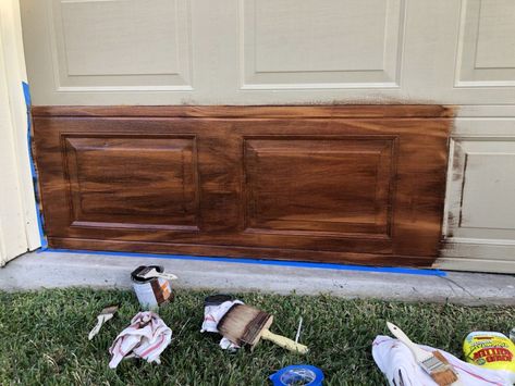 Faux Wood Finish Garage Door, Spray Paint Garage Door, Wood Paint Garage Door, Wood Grain Garage Doors, Paint Garage Door To Look Like Wood, Faux Wood Garage Door Diy, Faux Painted Wood, Barn Shop Ideas, Exterior Refresh