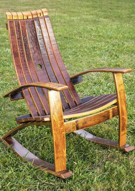 Oak Barrel Furniture, Bourbon Barrel Decor, Wine Barrel Diy, Wine Barrel Art, Wine Barrel Chairs, Wine Barrel Crafts, Diy Rocking Chair, Wine Furniture, Rocking Chair Plans