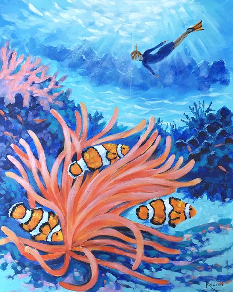 Coral Reef Painting Easy, Coral Painting Easy, Coral Painting Acrylic, Coral Reef Painting Acrylics, Sealife Paintings, Clownfish Drawing, Clownfish Painting, 2000s Beach Aesthetic, Ocean Painting Easy