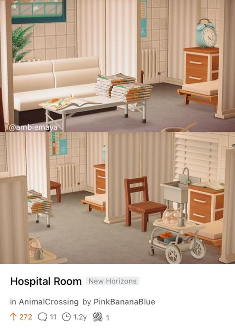 Acnh Hospital Exam Room Ideas, Animal Crossing Hospital, Hospital Waiting Room, Waiting Room Design, Cozy Gaming, Happy Home Designer, Hospital Room, Hospital Design, Animal Crossing