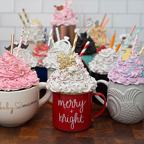 How To Make Faux Drinks, Whipped Cream Toppers For Mugs, Faux Hot Chocolate Prop Diy, Fake Muffins Diy, Fake Hot Cocoa Mug Diy, Faux Whipped Cream Diy, Christmas Mug Craft, How To Make Fake Whipped Cream, Faux Ice Cream Diy