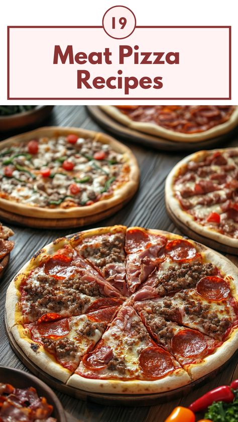 A variety of delicious meat pizzas with toppings like pepperoni, sausage, and bacon on a wooden table, ready to be enjoyed. Recipes For Meat Lovers, Meat Pizza Recipes, Pizza Photography, Sausage And Bacon, Gourmet Sausage, Pizza Gourmet, Delicious Pizza Recipes, Meat Pizza, Meat Lovers Pizza