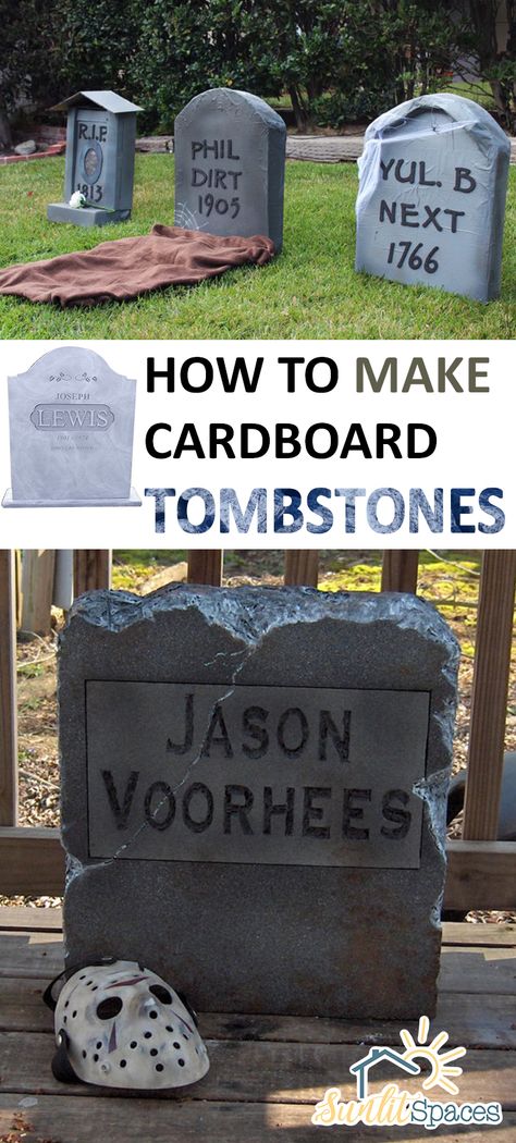 How to Make Cardboard Tombstones - Sunlit Spaces | DIY Home Decor, Holiday, and More Halloween Tombstones Diy, Tombstone Diy, Dekorasi Halloween, Image Halloween, Casa Halloween, Halloween Tombstones, Halloween Decorations Diy Outdoor, Diy Halloween Decor, Diy Outdoor Decor