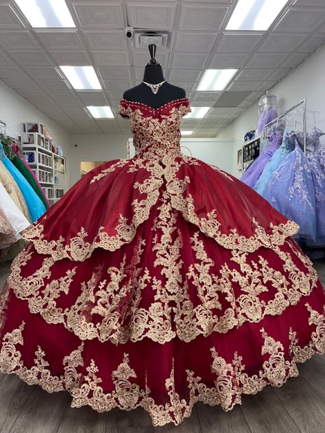 Ruby red quinceanera dress Dark Red Quinceanera Dresses, Red Quince Dress, Gold Quinceanera Dresses, Ball Gown Off Shoulder, Red And Gold Quince, Red Quinceanera Ideas, Gown Off Shoulder, Vestido Charro, Dresses Glitter