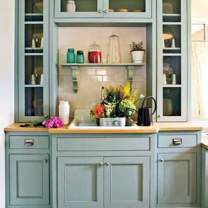 Paint oyster bay sherwin williams love this! Oyster Bay is my home town, too. Sherwin Williams Oyster Bay, Oyster Bay Sherwin Williams, Painted Hutch, Traditional Porch, Southern Living Magazine, Oyster Bay, Wall Units, Multipurpose Room, Green Cabinets