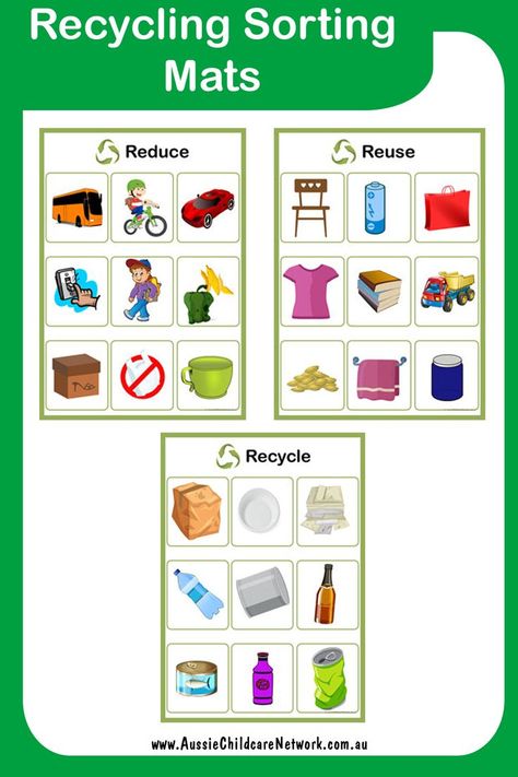 Recycling Sorting Mats encourage children to learn about recycling and to sort items to reduce, reuse and recycle. This is great for children to begin to see how everyday items can be used to recycle. These can be used for group time discussion as well as for individual children to complete. Trash Vs Recycling Preschool, Reduce And Reuse, Recycle Activity For Preschoolers, Recycling Games For Preschoolers, 3 Rs Recycle, Reduce Reuse Recycle Activities Projects, The 3 R's Reuse Recycle, Reduce Reuse Recycle Preschool Crafts, Reduce Reuse Recycle Examples