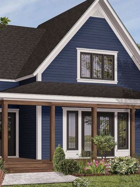 Gray Blue Siding House, Denim Blue House Exterior, Navy House Black Windows, Navy Blue Siding House White Trim, Royal Blue House Exterior, Navy Siding Exterior, Blue House Black Windows, Blue House Black Trim, Navy Exterior House Colors