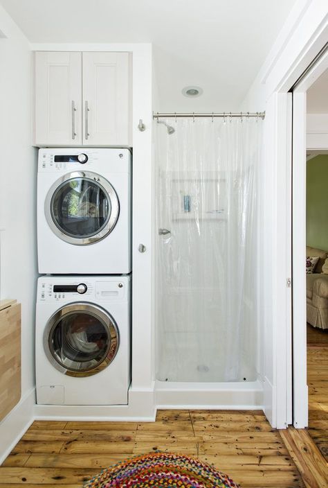 How to Install a Stackable Washer & Dryer in Your Bathroom Laundry Bathroom Combo, Contemporary Laundry Room, Laundry Room Storage Shelves, Stackable Washer And Dryer, Bathroom Laundry Room, Laundry Room Bathroom, Small Showers, Small Laundry Room, Small Laundry