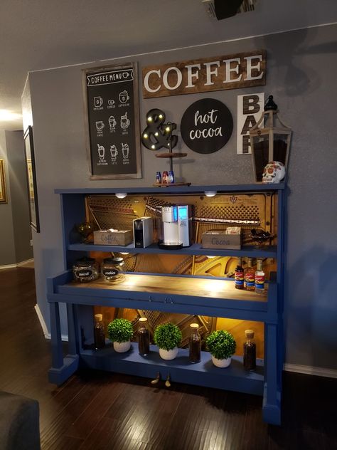 Coffee Bar Made From Old Piano, Piano To Bar Diy, Piano Turned Into Coffee Bar, Piano Wine Bar, Piano Cocktail Bar, Piano Coffee Bar Repurposed, Repurpose Old Piano, Piano Into Bar, Old Pianos Repurpose