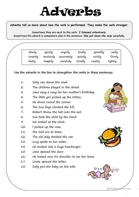 Adverbs Lesson, Adverbs Worksheet, English Grammar Exercises, Grammar For Kids, Bold Words, Classroom Idea, Nouns Worksheet, English Teaching Resources, Grammar Exercises