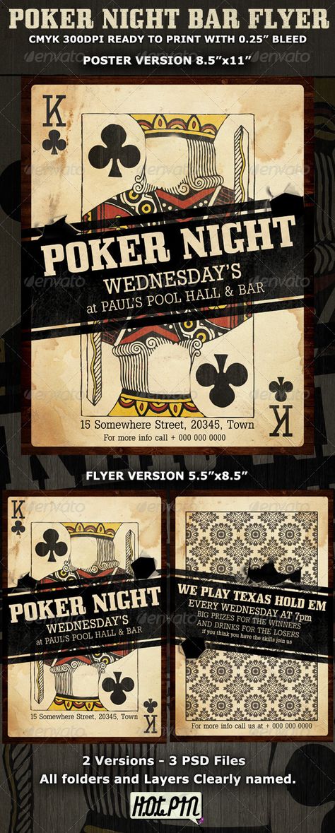 Poker Night Bar Flyer Template is suitable for bar poker night and with some modifications on text you can use it to advertise your poker or casino website!  3 PSD files – 8.5”x11” and 5.5”x8.5” with 0.25” bleed  2 Versions- Poster and Flyer  Clearly labeled folders and layers  CMYK – 300dpi – Ready to print with guides Bar Flyer, Advertising Flyers, Flyers Design, Poker Party, Night Bar, Poker Night, Good Day Song, Sports Flyer, Casino Night