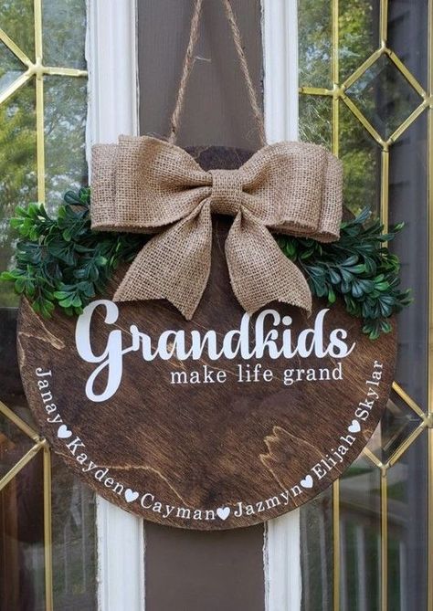 valentine-gifts-grandchildren Grand Door, Gifts For Grandchildren, Valentines Day Care Package, Grandkids Make Life Grand, Grandparents Christmas Gifts, Greenery Flowers, Family Tree Print, Door Hangers Diy, Door Signs Diy