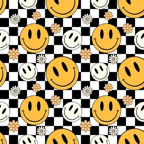 Checkered Smiley Faces Fabric - 70s – ineedfabric.com Checkered Smiley Face Wallpaper, 90s Smiley Face, Smiley Face Print, Retro Smiley Face, Cute Checkered Wallpaper, Checkered Design, Retro Prints And Patterns, Cute Watch Faces, Smiley Face Design