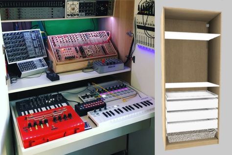 Fabulous Synth Workstation organized in an IKEA PAX wardrobe - IKEA Hackers Recording Studio Diy, Wardrobe Ikea, Ikea Pax Wardrobe, Home Music Studio, Pax Wardrobe, Ikea Store, Studio Diy, Ikea Hackers, Home Studio Music