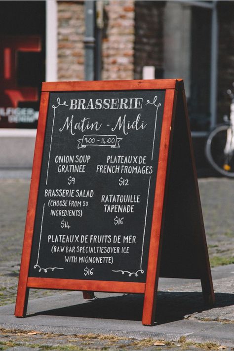 Brasserie menu chalkboard display on a wooden sandwich board Outdoor Menu Board, Outdoor Chalkboard, Menu Display, Business Email Address, Point Of Sale Display, Wooden Display Stand, Sandwich Board, Menu Holders, Raw Bars