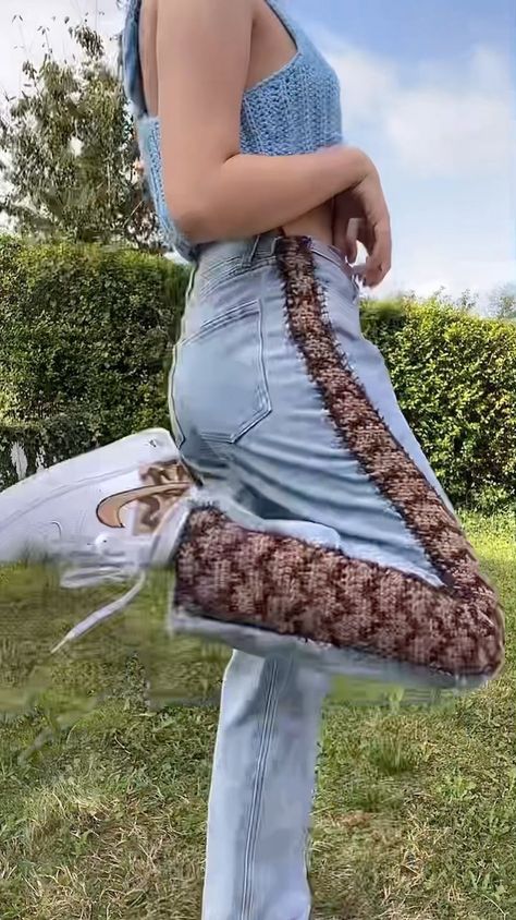 sweeneystitches on Instagram: My fave upcycled jeans <3 shoes by @puzzle_customs 🍩 #crochet #upcycle #upcycledjeans #sustainablefashion #customclothing #upcycledclothing Crochet Upcycle, Crochet Bottoms, Upcycled Jeans, Crochet Hack, Beginner Crochet Tutorial, Crochet Business, Crochet Design Pattern, Crochet Clothes For Women, Beginner Crochet Projects