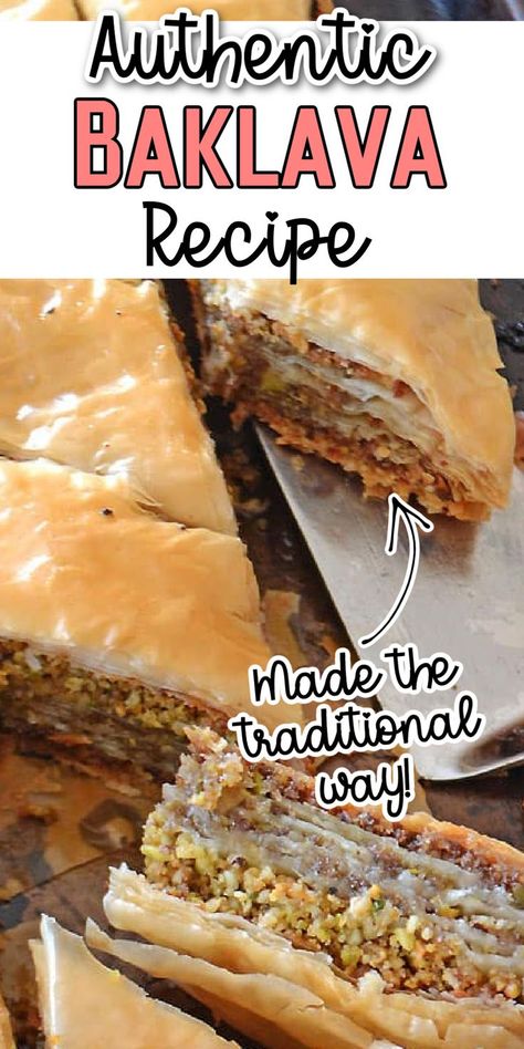 Triangles shapes of homemade baklava with layers of phyllo dough and crushed pistachios with Pinterest overlay. Christmas Baklava, Homemade Baklava Recipe, Traditional Baklava Recipe, East Dessert Recipes, Baklava Recipe Easy, Egyptian Desserts, Greek Baklava, Holiday Dessert Table, Greek Pastries