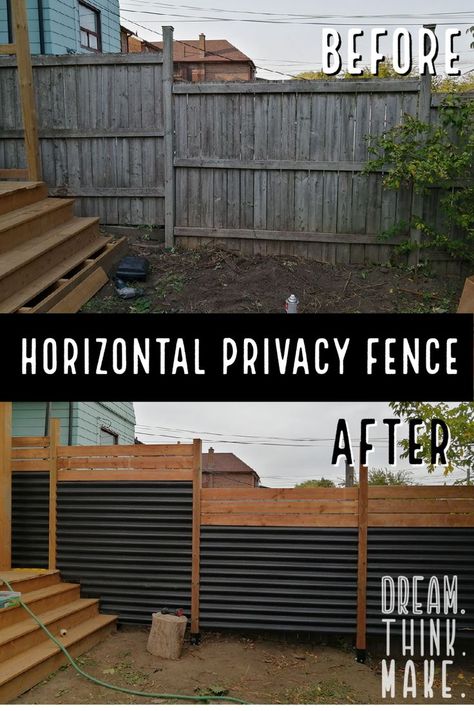 Modern horizontal fence made of roofing panels and wood. See series of photos for before, during, and after pics, including a highlight of materials used. Cheaper and faster to install than a traditional fence (plus looks amazing too). #DIY #Fence #Horizontal #Modern #BeforeandAfter #Roof #RoofingPanels #BudgetFriendly Diy 6ft Fence, Dark Privacy Fence, Black Sheet Metal Fence, Fence Around Propane Tank, Decorative Fence Panels Ideas, Privacy Fence Ideas Horizontal, Home Fencing Ideas, Farmhouse Privacy Fence Ideas, Cheap Fencing Ideas Budget