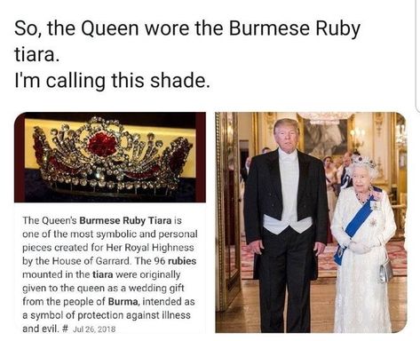 #trump #queenelizabeth Protection From Evil, Burmese Ruby, Meme Comics, Memes Humor, Faith In Humanity, Burmese, Queen Elizabeth Ii, Elizabeth Ii, Tumblr Posts