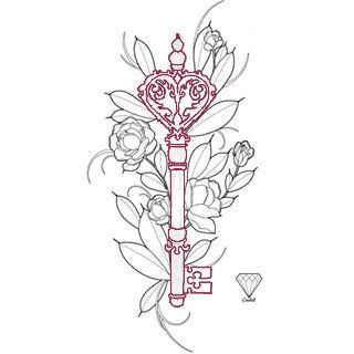 Lock And Flower Tattoo, Floral Key Tattoo, Key Design Art, Key With Flowers Tattoo, Key Tattoo With Flowers, Key And Flower Tattoo, Key Tattoo Designs For Women, Old Key Tattoo, Key Drawing