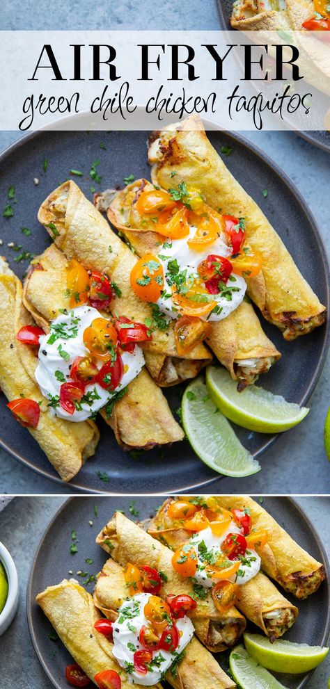 Taquitos Recipe Air Fryer, Air Fryer Salsa, Air Fried Taquitos, Air Fry Taquitos, Air Fryer Summer Recipes, Air Fryer Chicken Taquitos, Healthy Chicken Taquitos, Chicken Tacos Air Fryer, Taquitos Air Fryer