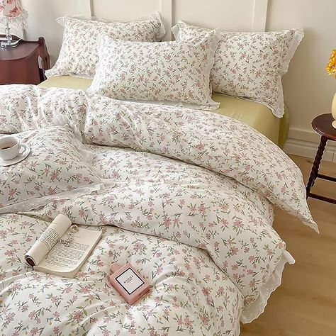 Boho Floral Duvet Cover Queen Ruffle Lace Style Floral Bedding Sets 100% Cotton Pink Flower Duvet Cover Girls Princess Lace Comforter Cover Pink Green Floral Queen Duvet Cover with 2 Pillowcases Flora Bedding, Cottage Core Bed, Lace Bedding Set, Bedding Pink, Purple Duvet Cover, Flower Duvet Cover, Floral Bedspread, Floral Comforter Sets, Room Vibes