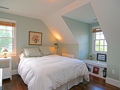 upstairs bedroom; building a dormer-I like the idea of this window Bed In Front Of Dormer Window, Ideas For Dormer Window Space, Dormer Bedroom Paint Colors, Dormer Windows From Inside, Master Dormer Bedroom Ideas, Dormers From The Inside, Dormer Bedroom Ideas, Eaves Bedroom, Loft Dormer Sliding Doors