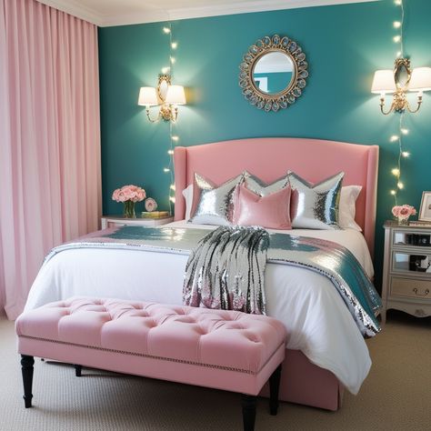 18 Gorgeous Pink and Blue Bedroom Ideas to Inspire Your Dream Space - Style Zuri Pink And Blue House, Pink And Turquoise Bedroom, Pink And Blue Bedroom Ideas, Turquoise Bedroom Ideas, Pink And Blue Bedroom, Blue Upholstered Bed, Blush Pink Bedding, Pink Lampshades, Blue Velvet Headboard