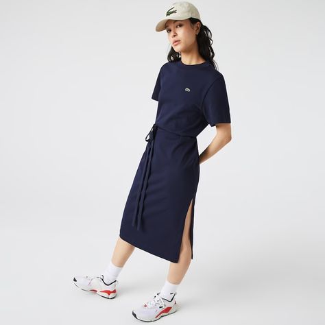 Women's Tie Belt Blend Cotton Long T-Shirt Dress | LACOSTE Lacoste Dress, Long Tshirt Dress, Lacoste France, Shoes And Sneakers, Muslim Outfits Casual, Lacoste Women, Muslim Outfits, Women's Tie, Layering Outfits