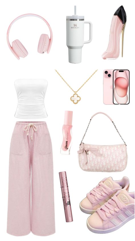 #pink #cute #outfit Pink Sweatshirt Outfit Aesthetic, Pink Clean Girl Aesthetic Outfit, Light Pink Aesthetic Outfits, Pink Clean Girl Outfits, Pink Sporty Outfits, Pink Girly Outfits Casual, Outfit With Pink Bag, Katie Cooper Outfits, Pink School Outfits