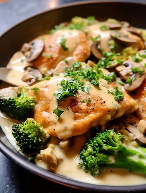 Creamy Parmesan Chicken with Broccoli and Mushrooms Mushrooms And Broccoli, Broccoli And Mushrooms, Crumbed Chicken, Creamy Garlic Parmesan Sauce, Creamy Parmesan Chicken, Chicken With Broccoli, Mushroom Broccoli, Garlic Parmesan Sauce, Chicken Schnitzel