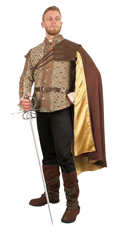 Men's Renaissance Cavalier Brown Leather Shoulder Cape - DeluxeAdultCostumes.com Medieval Clothes, Fair Outfits, Shoulder Cape, Medieval Costume, Period Outfit, Medieval Clothing, Fantasias Halloween, Medieval Fashion, Fantasy Clothing