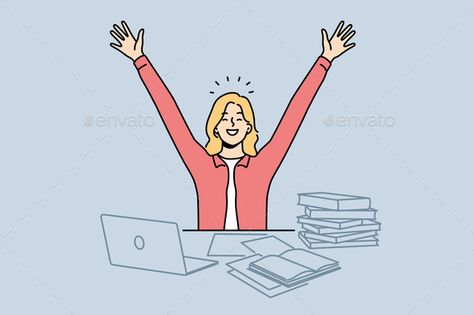 Overjoyed Woman Excited with Finish Task on Laptop Excited Illustration, Laptop Advertisement, Smiling Female, Story Board, Graphic Design Art, Work On, Design Art, Laptop, Clip Art