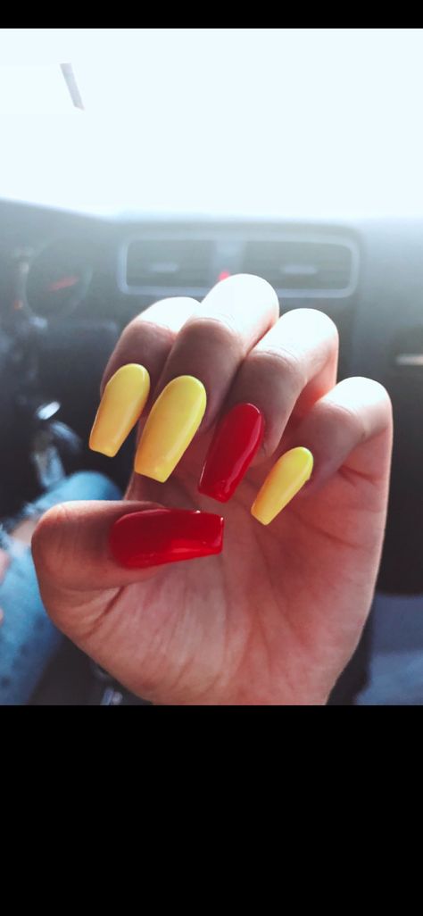 Yellow and red nails Red Yellow And White Nails, Red And Yellow Nails Acrylic, Yellow Red Nails, Red And Yellow Nail Designs, Yellow And Red Nails, Red And Yellow Nails, White On White French, Gryffindor Wedding, Thirty Fine