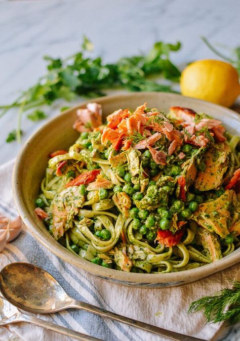 Salmon Pasta with Green Goddess Pesto, by thewoksoflife.com Chinese Fish, Summer Pasta Recipes, Flaked Salmon, Wok Of Life, Woks Of Life, The Woks Of Life, Salmon Pasta, Woks, Green Goddess