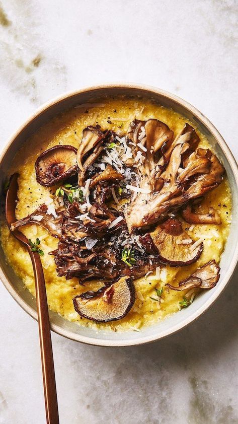 Polenta with Roasted Mushrooms Baked Polenta, Thyme Recipes, Overnight Oat, How To Cook Mushrooms, Roasted Mushrooms, Cereal Recipes, Weeknight Dinners, Mushroom Recipes, Polenta