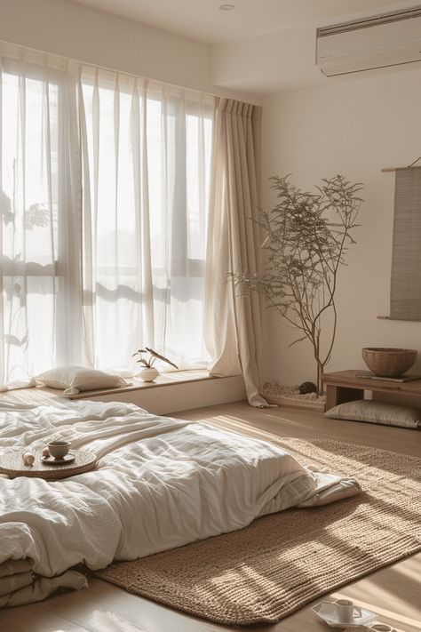 On Floor Mattress Bedroom Ideas, Low Bed Ideas Cozy Bedroom Boho, Boho Bedroom No Headboard, Bed On The Floor Ideas Cozy Bedroom Mattress, Floor Bed Ideas Aesthetic, Cozy Bed On Floor, Floor Bed Bedroom Ideas, Room With Mattress On Floor, Bed On The Floor Aesthetic