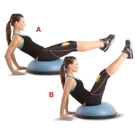 BOSU ball V up. Sit in the center of a BOSU trainer with your legs extended in front of you, knees slightly bent, with a two- to four-pound medicine ball between your thighs. Lean back, placing your hands on the floor behind the BOSU for balance (a). Contract your abs and slowly raise your legs toward the ceiling (b). Hold for one second, then return to the starting position. V Ups, Bosu Ball Workout, Bosu Workout, Strenght Training, Lower Belly Pooch, Exercise Moves, Bosu Ball, 20 Minute Workout, Exercise Ball