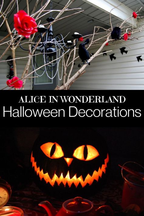 Alice In Wonderland Jack O Lantern, Alice In Wonderland Scarecrow Ideas, Decorating With Jack O Lanterns, Cheshire Cat Jack O Lantern, Alice In Wonderland Halloween Ideas, Dark Alice In Wonderland Halloween Decor, Pumpkin Carving Ideas Alice Wonderland, Alice And Wonderland Halloween Decor, Cheshire Cat Decorations