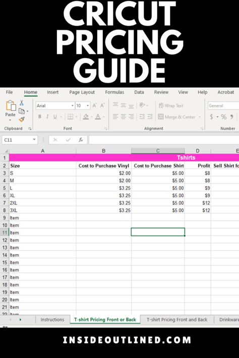 Why You Need A Cricut Pricing Tool/Guide - InsideOutlined Vinyl Sticker Price Chart, Cricut Pricing Guide Shirts, How To Charge For Vinyl Projects, Price List For Vinyl Business, How Much To Charge For Vinyl Shirts, Vinyl Shirt Pricing, Price List For Vinyl Shirt Business, Tshirt Pricing Chart, Custom Tshirt Price List