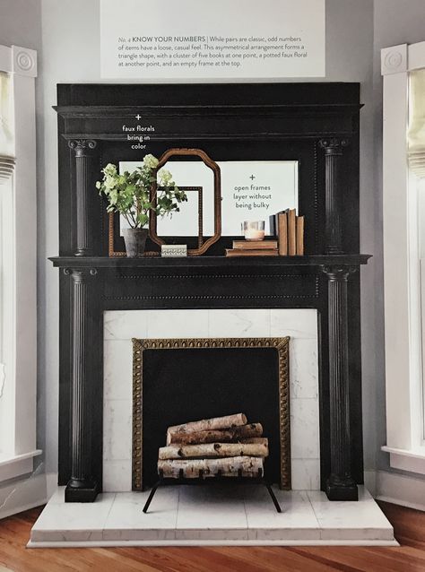 LOVE this fireplace surround, the stone and the wood that looks like it could be antique. The lines are still really clean to me and the black/white combo feels contemporary (which I suppose is what I like when I was saying modern at first). Black Fireplace Mantel, Wood Fireplace Surrounds, Antique Fireplace Surround, Fireplace Feature Wall, Antique Fireplace Mantels, Fireplace Update, Vintage Fireplace, Fireplace Mantle Decor, Black Fireplace