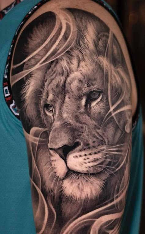 Eye-Catching Lion Tattoos Lions Tattoo, Lion Tattoo On Thigh, Sketch Black And White, Big Cat Tattoo, Baby Tattoo, Lion Sketch, Lion Canvas Art, Tattoo Lion, Lioness Tattoo