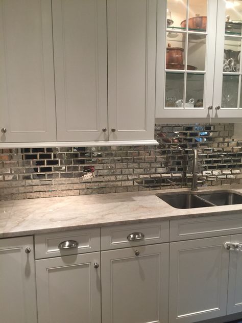 Simply White kitchen cabinet Taj Mahal quartzite mirrored subway tile Mirrored Subway Tile, Trendy Kitchen Backsplash, Kitchen Tiles Design, Backsplash Tiles, Kitchen Trends, Open Concept Kitchen, Kitchen Mirror, White Kitchen Cabinets, Counter Tops