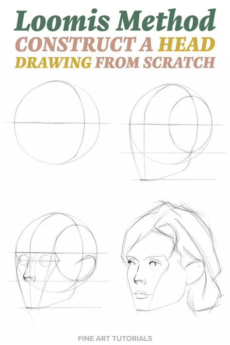 Construct a head from scratch using the Loomis Method for drawing faces and portraits. Learn about this famous method and try to draw your own turned head, by following the step by step guide. #loomismethod #headdrawing #portraitdrawing #drawingmethod #facedrawing #howtodrawahead #drawingtechniques #beginnerdrawing Ways To Draw Faces, Face Drawing Tutorial Step By Step, Draw Head Step By Step, Drawing People Tutorial Step By Step, Draw A Head Step By Step, Beginner Portrait Drawing, Drawing The Face Step By Step, How To Portrait, Portrait Drawing Techniques Step By Step