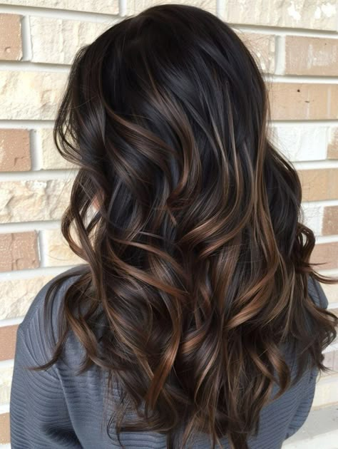 31 Gorgeous Fall Balayage Ideas for Dark Brown Hair Dark Hair With Amber Highlights, Brown Hair With Black Balayage, Brown Hair Change Ideas, Winter Lowlights Brunettes, Caramel Partial Balayage On Dark Hair, Ash Blonde Lowlights On Dark Hair, Cute Dark Hair Colors, Caramel Highlights In Dark Brown Hair, Dark Brown Hair With Dimension Balayage