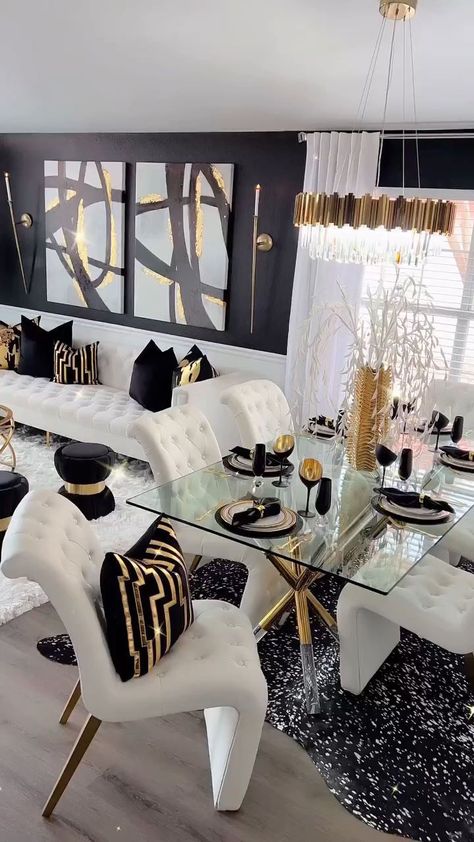 Black Gold And White Living Room, Girly Living Room Ideas Apartments, Luxury Dining Room Decor, Glamour Living Room, Gold Living Room Decor, Purple Living Room, Black Living Room Decor, Girl Apartment Decor, Girly Apartment Decor