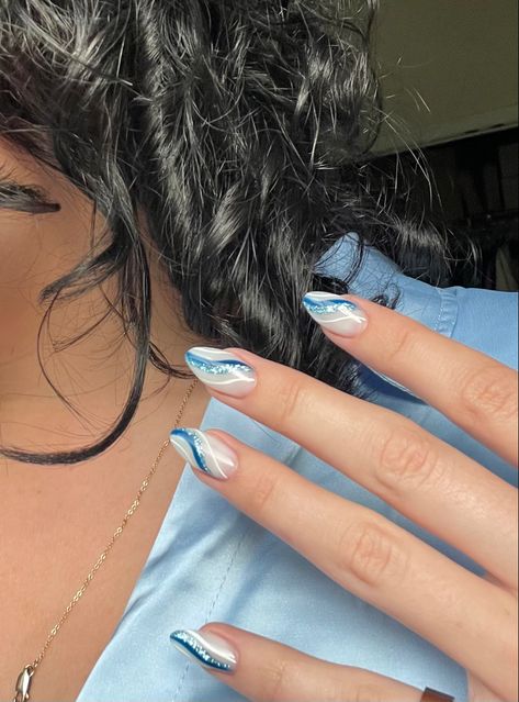 Blue Line Art Nails, Nail Art For Blue Dress, Wedding Blue Nails For Bride, Blue Nail Extension Designs, Bridal Blue Nails, Nail Extension Designs Summer, Blue Line Nail Designs, Blue Nails With Lines, Nails With Blue Details