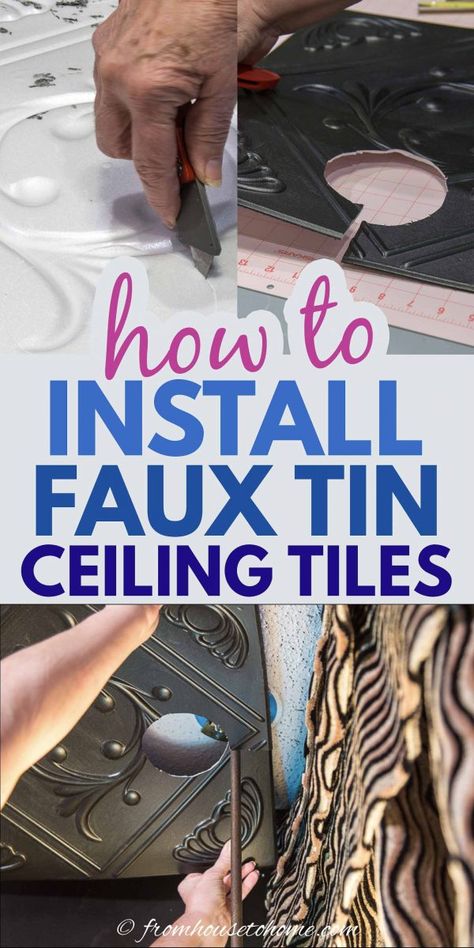 Learn how to install faux tin ceiling tiles which add interest to your ceiling and can be used to cover imperfections (or popcorn ceilings). Diy Glam Decor, Room Decor On A Budget, Faux Tin Tiles, Diy Gifts For Christmas, Covering Popcorn Ceiling, Removing Popcorn Ceiling, Faux Tin Ceiling, Faux Tin Ceiling Tiles, Sewing Room Storage