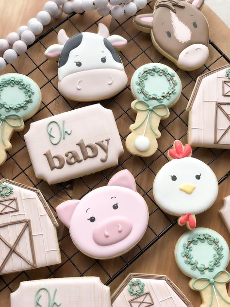 Farm Baby Shower Cookies, Farm Sugar Cookies, Decorated Biscuits, Farm Baby Shower, Farm Baby, Baby Shower Cookies, Decorated Cookies, Boy Shower, Royal Icing